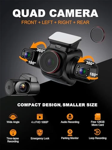 PRUVEEO 360 Degree View 4 Channel Dash Cam Front and Rear Inside Left Right, Dash Camera for Cars with CPL, Built-in GPS WiFi Night Vision, 24/7 Recording Parking Mode Monitor, Free 128G Card - 5