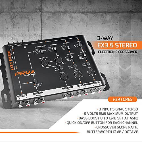 PRV AUDIO Crossover Car Audio EX3.5 Stereo 3 Way or 2 Way Electronic Crossover 9 Volts, 4 in 6 Out RCA Channels Car Sound Processor - 4