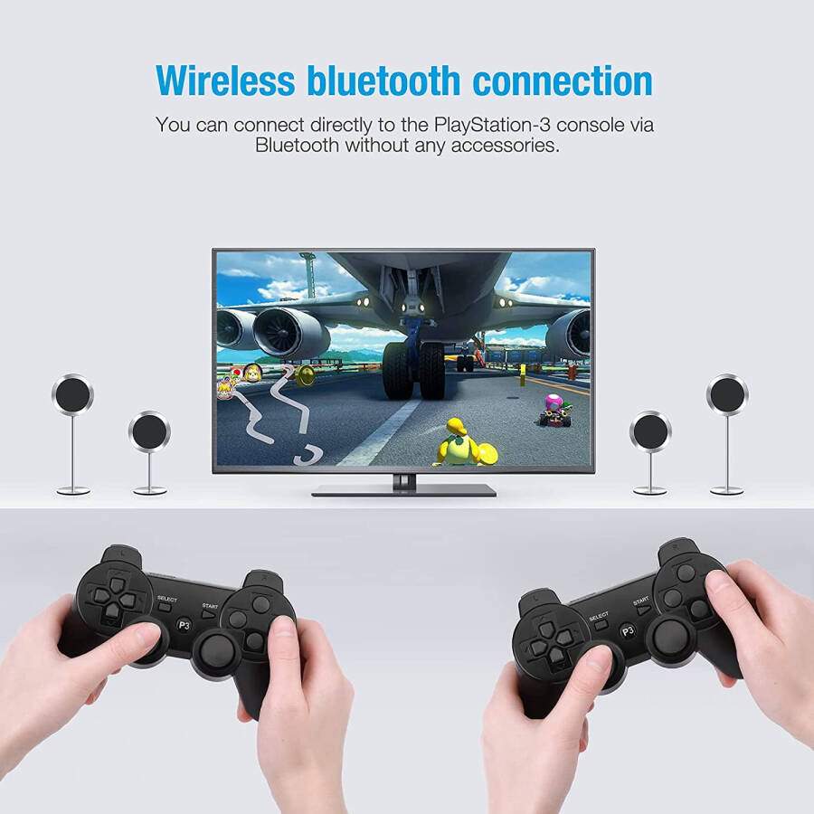 PS3 Kumandaları, PS3 ile Uyumlu Kablosuz Oyun Kumandası, Titreşim ve Hareket Sensörü Destekli, Yeniden Şarj Edilebilir Bluetooth Oyun Pedi, Siyah (1 Adet) - 2