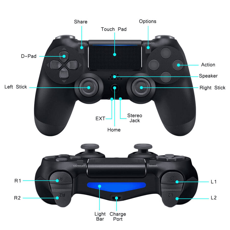 PS4, Pro, Slim va kompyuter uchun PS4 simsiz gamepad, qora - 12