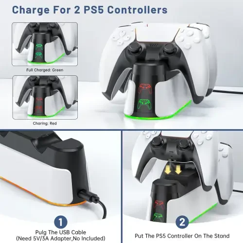 PS5 Controller Charger, Dual Controller Charging Stand for Playstation 5 with LED Indicator and Fast Charging Cable,2H Faster Charging Station for Playstation 5 DualSense - 2