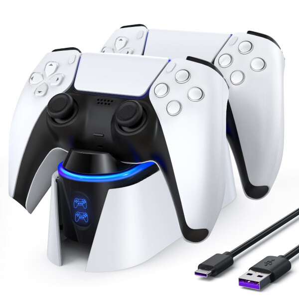 PS5 Controller Charger, Dual Controller Charging Station for Playstation 5 Dualsense, PS5 Charging Station with LED Indicator/Fast Charging Cable (White) - 1