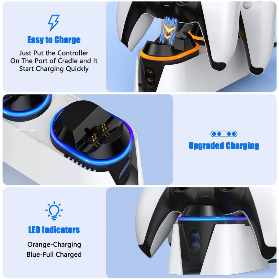 PS5 Controller Charger, Dual Controller Charging Station for Playstation 5 Dualsense, PS5 Charging Station with LED Indicator/Fast Charging Cable (White) - 4