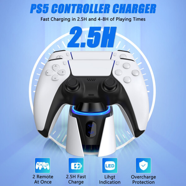 PS5 Controller Charger, Dual Controller Charging Station for Playstation 5 Dualsense, PS5 Charging Station with LED Indicator/Fast Charging Cable (White) - 6