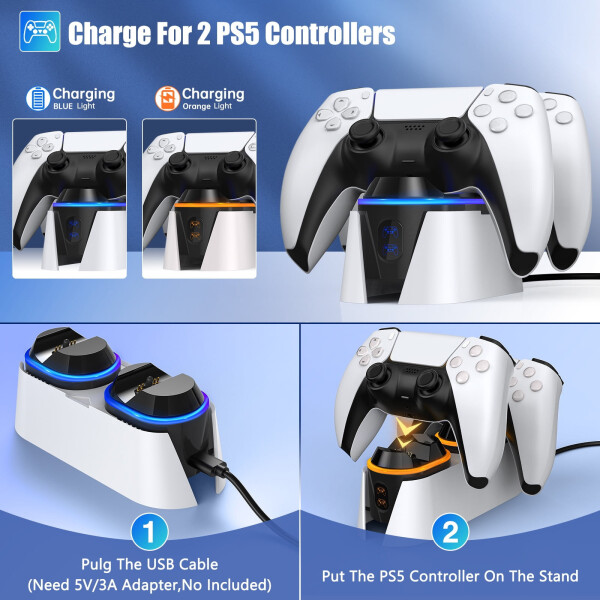 PS5 Controller Charger, Dual Controller Charging Station for Playstation 5 Dualsense, PS5 Charging Station with LED Indicator/Fast Charging Cable (White) - 8