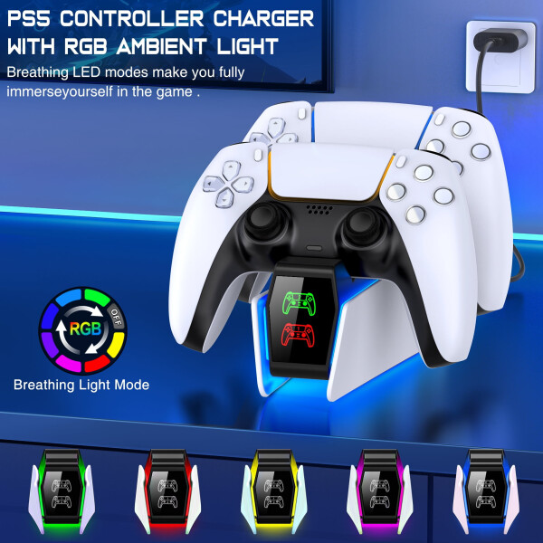 PS5 Controller Charger, ESYWEN Charging Station for PlayStation 5 Controller, Fast PS5 Charging Dock Station with LED Indicator, PS5 Accessories-White - 2