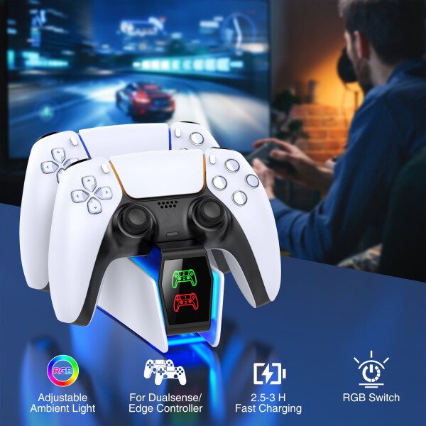 PS5 Controller Charger, ESYWEN Charging Station for PlayStation 5 Controller, Fast PS5 Charging Dock Station with LED Indicator, PS5 Accessories-White - 7