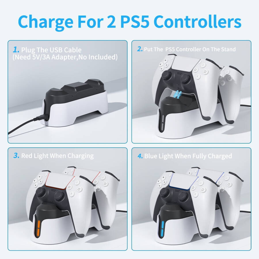 PS5 Controller Charger, PS5 Charging Station for Playstation 5 Dualsense Controller with LED Indicator, Upgrade PS5 Accessories Incl. Fast Charging Cable, Dual PS5 Charger Stand White - 10