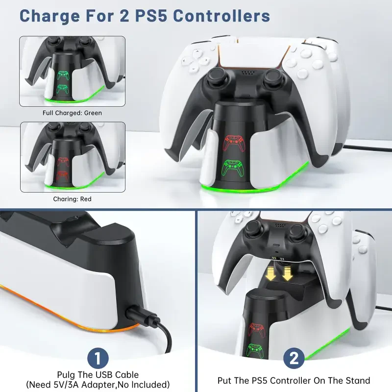 PS5 Controller Charger, Dual Controller Charging Stand for Playstation 5 with LED Indicator and Fast Charging Cable,2H Faster Charging Station for Playstation 5 DualSense - 2