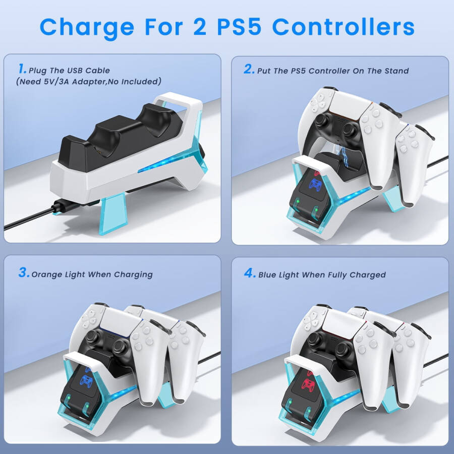 PS5 Kontrolleri uchun zaryadlovchi, Playstation 5 uchun LED indikatori va tez zaryadlash kabeli bilan Ikkita Kontrollerni Zaryadlash Standi, Playstation 5 DualSense uchun 2 soat tezroq zaryadlash stantsiyasi - 12