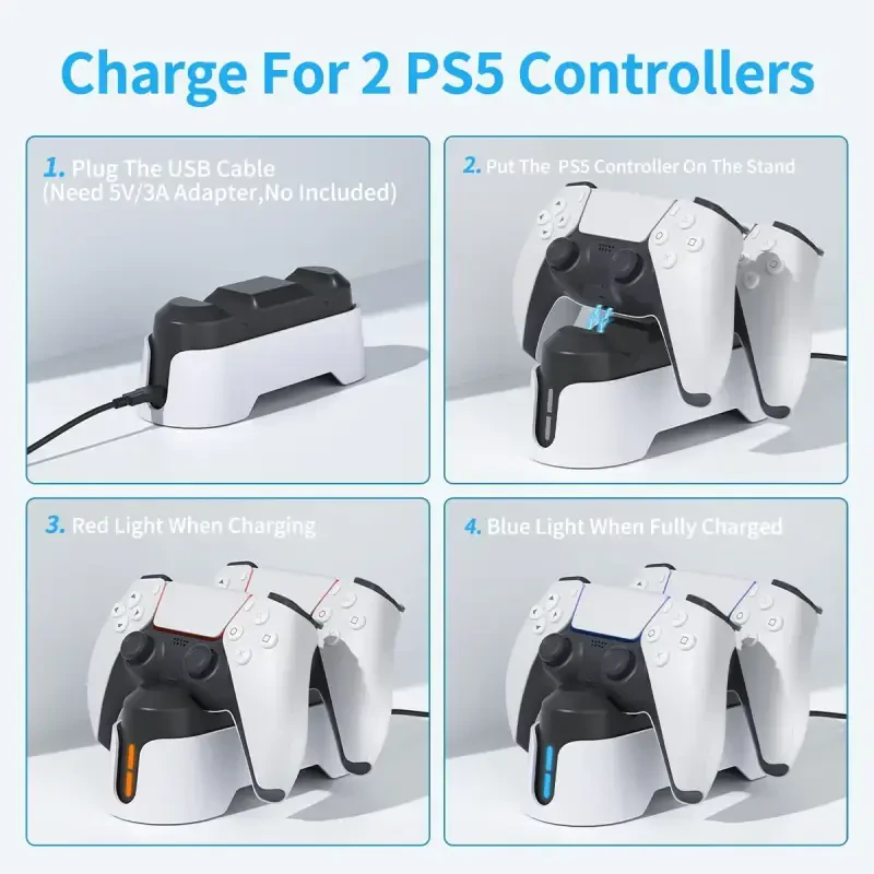 PS5 Controller Charger, PS5 Charging Station for Playstation 5 Dualsense Controller with LED Indicator, Upgrade PS5 Accessories Incl. Fast Charging Cable, Dual PS5 Charger Stand White- - 2