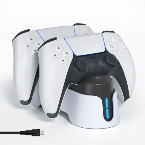 PS5 Controller Charger, PS5 Charging Station for Playstation 5 Dualsense Controller with LED Indicator, Upgrade PS5 Accessories Incl. Fast Charging Cable, Dual PS5 Charger Stand White- - 3