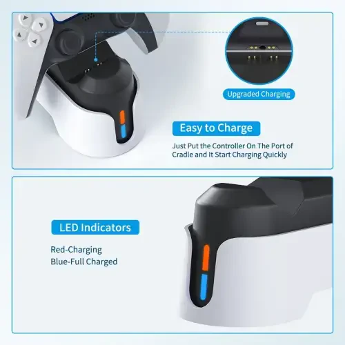 PS5 Controller Charger, PS5 Charging Station for Playstation 5 Dualsense Controller with LED Indicator, Upgrade PS5 Accessories Incl. Fast Charging Cable, Dual PS5 Charger Stand White- - 4
