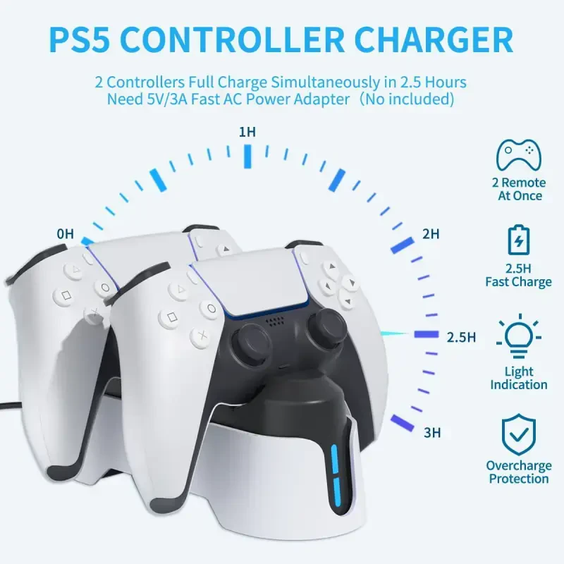 PS5 Controller Charger, PS5 Charging Station for Playstation 5 Dualsense Controller with LED Indicator, Upgrade PS5 Accessories Incl. Fast Charging Cable, Dual PS5 Charger Stand White- - 6