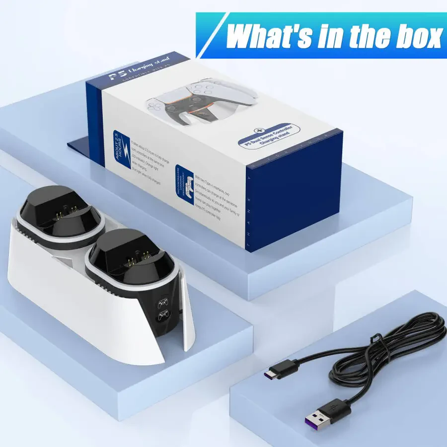 PS5 Controller Charger, Dual Controller Charging Station for Playstation 5 Dualsense, PS5 Charging Station with LED Indicator/Fast Charging Cable (White)- - 7