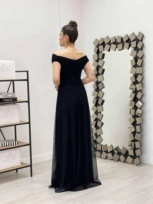 Puantiye Detaylı Kayık Yaka Elbise - SİYAH - 6