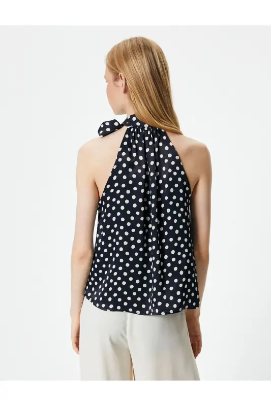 Puantiyeli Bluz Halter Yoqali Fularli Viskoza - 4