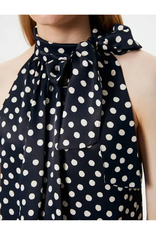 Puantiyeli Bluz Halter Yoqali Fularli Viskoza - 5