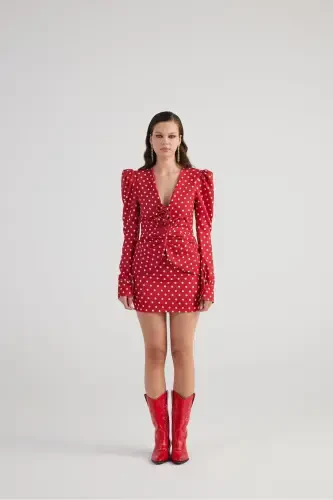 Puantiyeli Gul Aksessuarlı Karpuz Kol Blazer Wilma Jilet Qizil - HOLLY LOLLY (1)