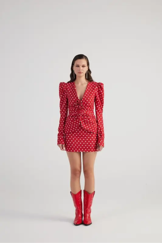 Puantiyeli Gul Aksessuarlı Karpuz Kol Blazer Wilma Jilet Qizil - 9