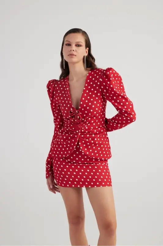 Puantiyeli Gül Aksesuarlı Karpuz Kol Blazer Wilma Ceket Kırmızı - Kırmızı - 5