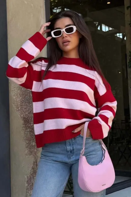 Pudra Bisiklet Yaka Çizgili Oversize Triko Kazak MG1972-Pudra1 - MADMEXT