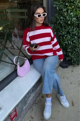 Pudra Bisiklet Yaka Çizgili Oversize Triko Kazak MG1972-Pudra1 - 4