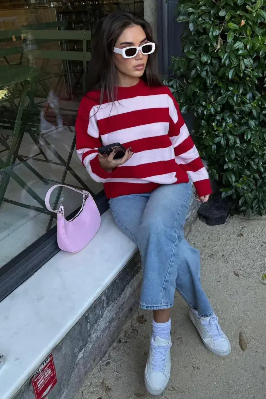 Pudra Bisiklet Yaka Çizgili Oversize Triko Kazak MG1972-Pudra1 - 4