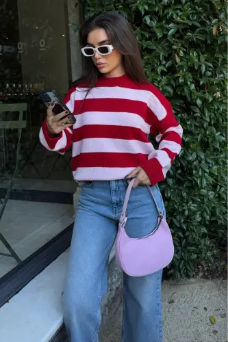 Pudra Bisiklet Yaka Çizgili Oversize Triko Kazak MG1972-Pudra1 - 5