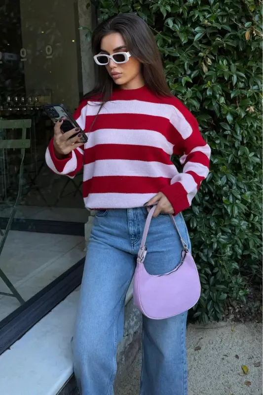 Pudra Bisiklet Yaka Çizgili Oversize Triko Kazak MG1972-Pudra1 - 5