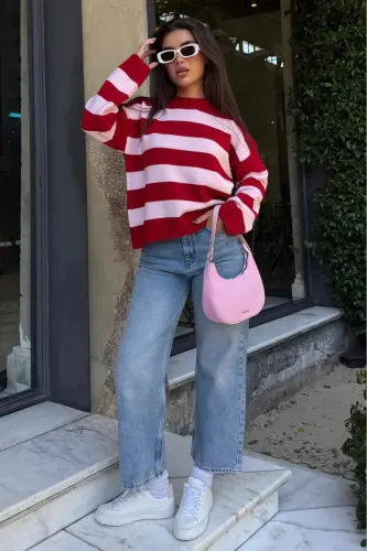 Pudra Bisiklet Yaka Çizgili Oversize Triko Kazak MG1972-Pudra1 - 3