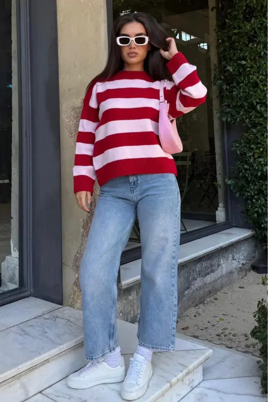 Pudra Bisiklet Yaka Çizgili Oversize Triko Kazak MG1972-Pudra1 - 7