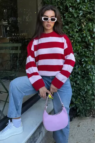 Pudra Bisiklet Yaka Çizgili Oversize Triko Kazak MG1972-Pudra1 - MADMEXT (1)