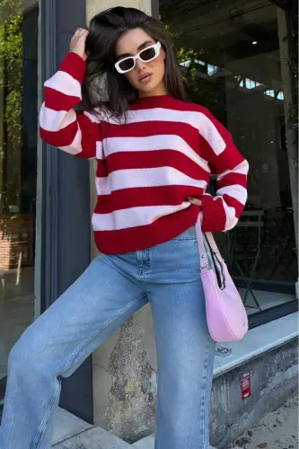 Pudra Bisiklet Yaka Çizgili Oversize Triko Kazak MG1972-Pudra1 - 6