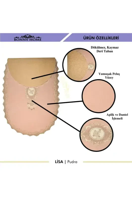 Пудра Лиса 3lü Çeyizlik Fransız Dantelli Aplikli Klozet Takımı Banyo Halısı Paspas Seti-Pudra - 2