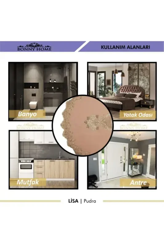 Пудра Лиса 3lü Çeyizlik Fransız Dantelli Aplikli Klozet Takımı Banyo Halısı Paspas Seti-Pudra - 6