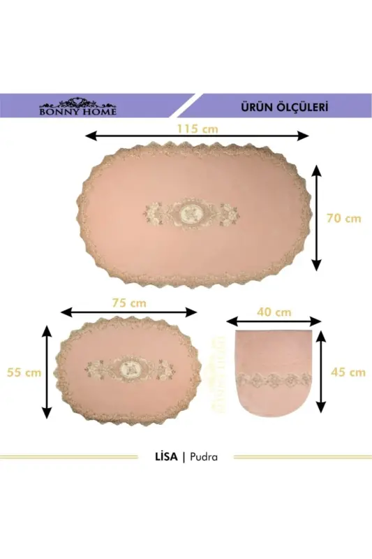 Pudra Lisa 3lu Seplik Frantsuz Dantelli Aplikli Klozet Takımı Banyo Gilami Paspas Seti-Pudra - 4