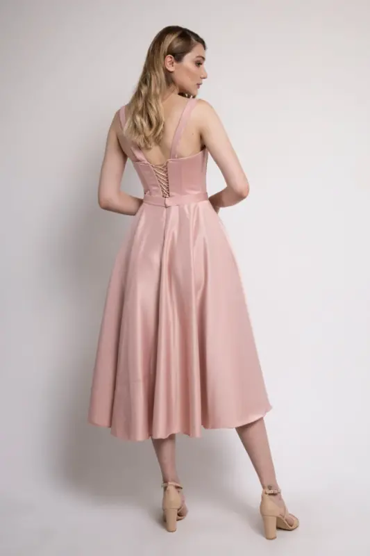 Pudra Midi Bo'yli Atlas Kechki Va Bal Libosi-Pudra - 3
