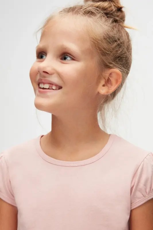 Pudra Pembe Basic Kız Çocuk Sıfır Yaka Karpuz Kol Tişört-POWDER PINK - 3