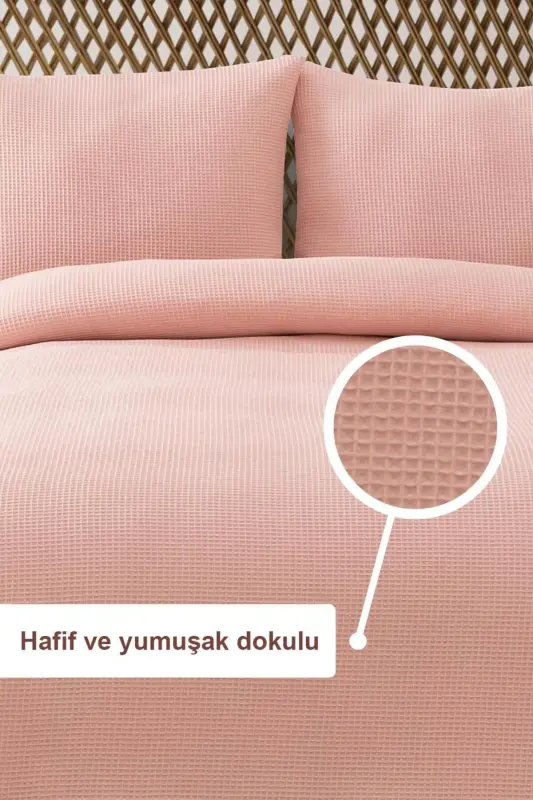 Pudra Pembesi Waffle Çift Kişilik Pike Seti - Yumuşak Ve Konforlu Çok Amaçlı Örtü - 3 Parça - Pudra - 2