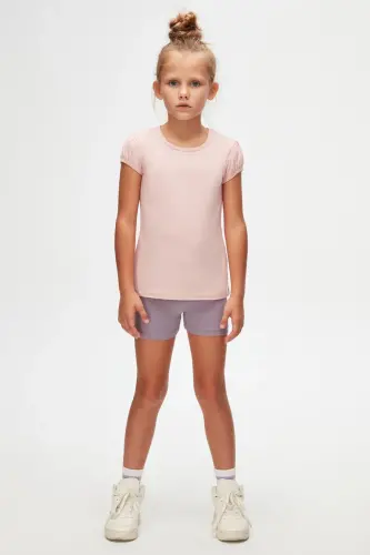 Pudra Pushti Asosiy Qizlar Bolalar Nol Bo'yin Tarvuz Yengli Futbolka -POWDER PINK 