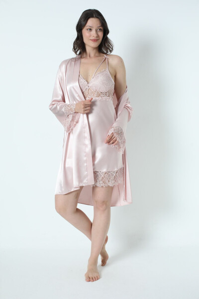 Pudra Saten Gecelik Sabahlık Pijama Takım Şort Takım 6'lı Gelin Çeyiz Seti 8670-Pudra - ALISSA