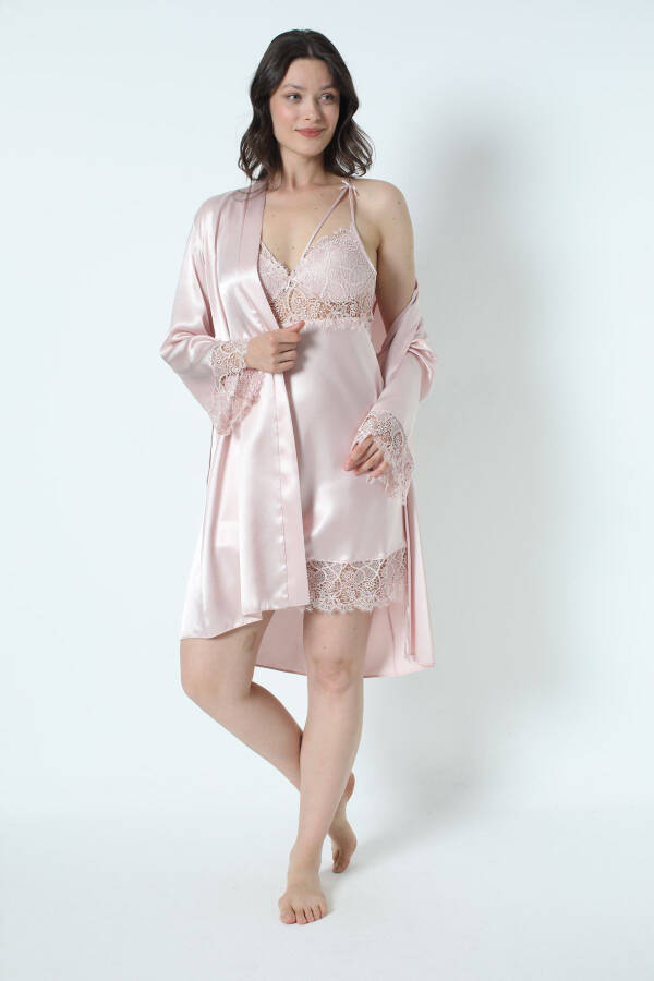 Pudra Saten Gecelik Sabahlık Pijama Takım Şort Takım 6'lı Gelin Çeyiz Seti 8670-Pudra - 1