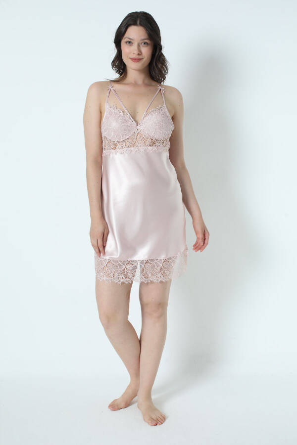 Pudra Saten Gecelik Sabahlık Pijama Takım Şort Takım 6'lı Gelin Çeyiz Seti 8670-Pudra - 2