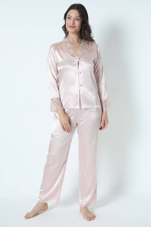Pudra Saten Gecelik Sabahlık Pijama Takım Şort Takım 6'lı Gelin Çeyiz Seti 8670-Pudra - 8