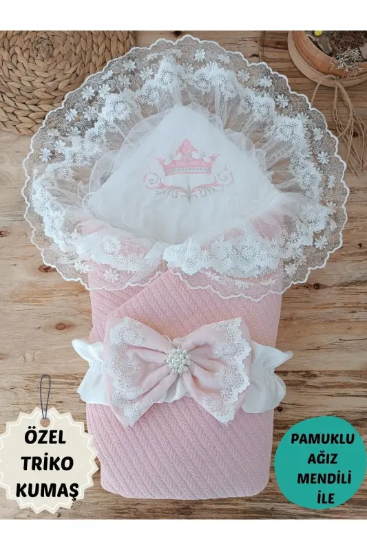 Пудра Трико Örgü Kız Bebek Batttaniyesi Kundağı Dantelli Yenidoğan Hastane Çıkışı Hediyelik-SOMON - TOMUYCUK