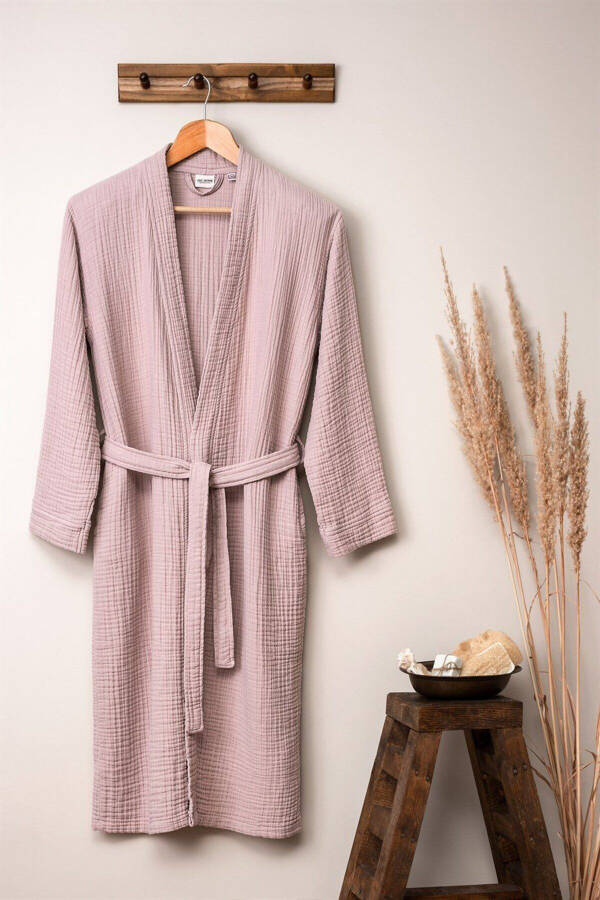 Pudra Unisex Kimono Müslin Bornoz - %100 Pamuklu & Yumuşak Bornoz - Pudra - 1