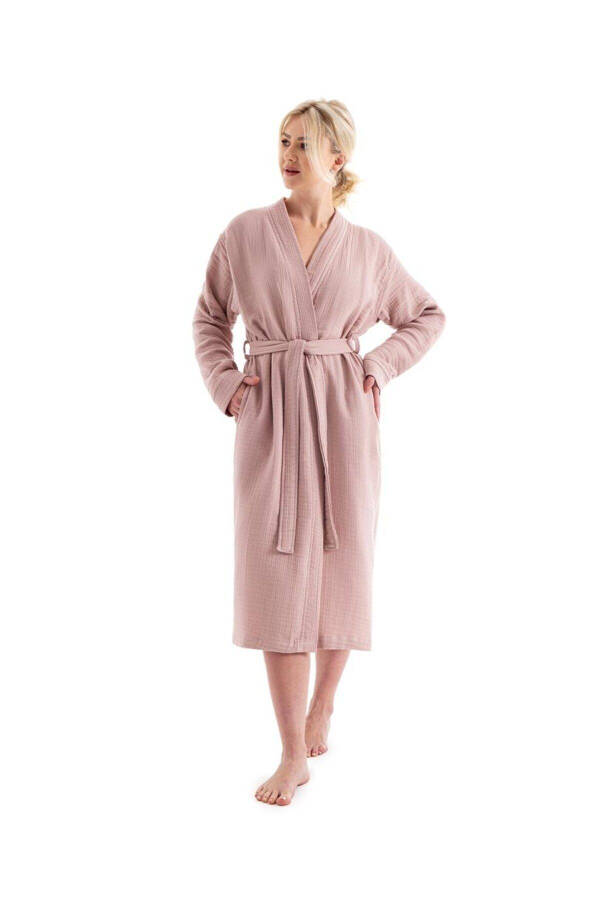 Pudra Unisex Kimono Müslin Bornoz - %100 Pamuklu & Yumuşak Bornoz - Pudra - 2