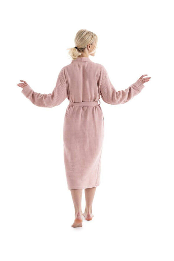 Pudra Unisex Kimono Müslin Bornoz - %100 Pamuklu & Yumuşak Bornoz - Pudra - 3