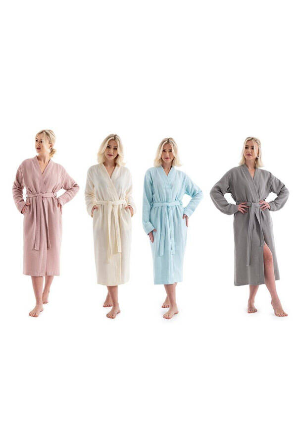 Pudra Unisex Kimono Müslin Bornoz - %100 Pamuklu & Yumuşak Bornoz - Pudra - 4